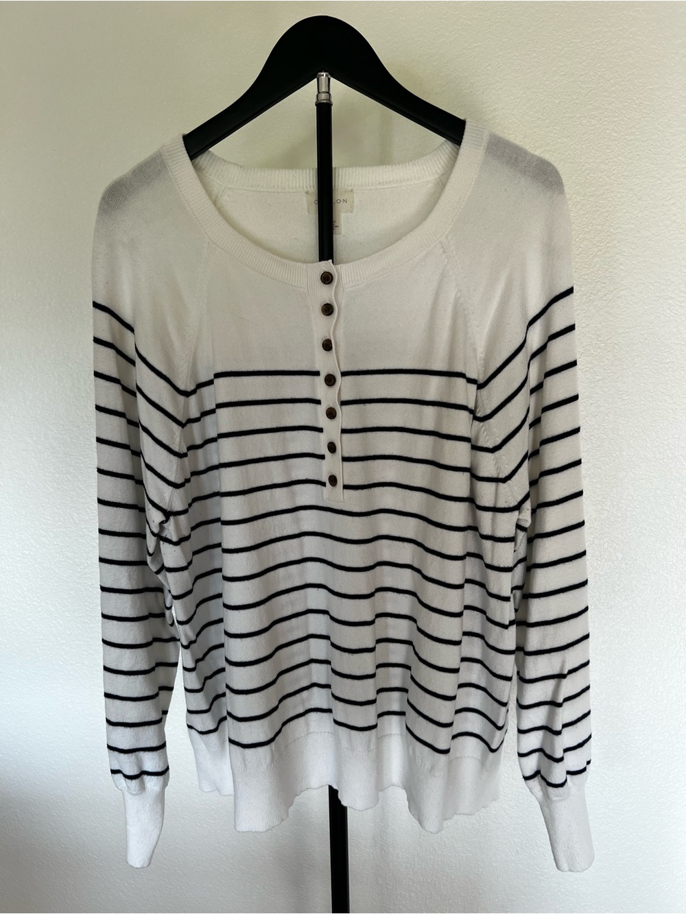 Striped Henley Sweater Top - White with Navy Stripes